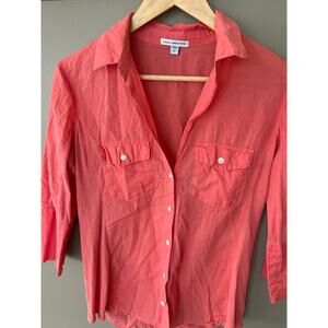 James Perse quiet luxury Coral Pink 3/4 Sleeve ButtonDown Shirt Stretch Panel